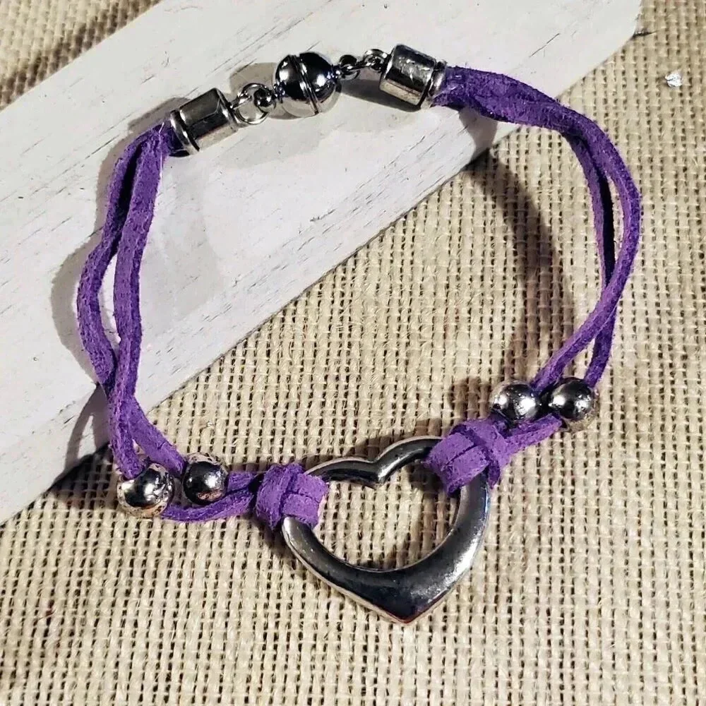 Handcrafted Antique Silver Purple Vegan Suede Open Heart Magnetic Clasp Bracelet